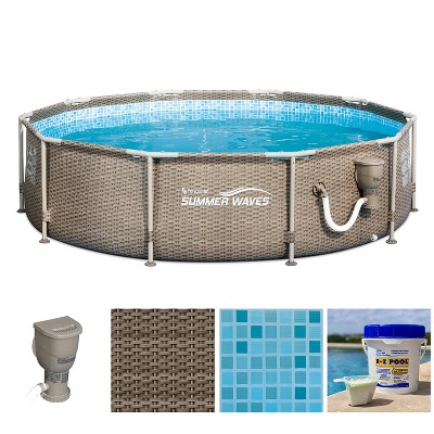 Summer Waves P20010305 10ft x 30in Frame Above Ground Swimming Pool with Exterior Wicker Print in Tan with SFS350 Skimmer Filter Pump & Solution Blend