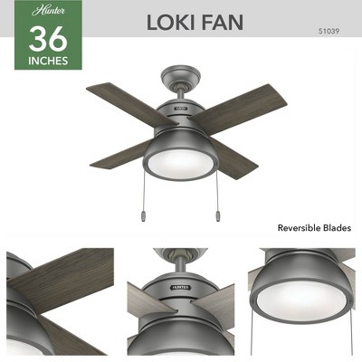 Hunter Fans 36" Loki Lighted Ceiling Fan Matte Silver Finish with Reversible Blades for Indoor Use