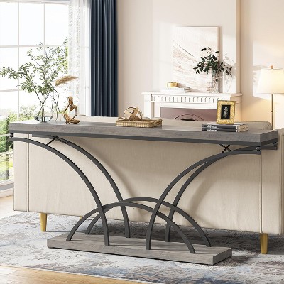 70.9" Gray Faux Marble Console Table with Black Metal Legs
