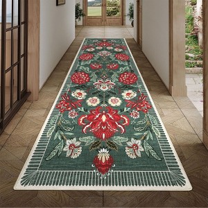 Washable Floral Botanical Rug Non Slip Low Pile Rug Soft Vintage Throw Floor Cover Foldable Indoor Carpet for Living Room Bedroom Playroom Kids Room - 1 of 4
