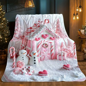 Lomsoe Christmas Pink Christmas House Print Flannel Blanket Throw with Snowy Landscape, Christmas Blankets - 1 of 4