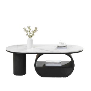 TiramisuBest Luxury Modern Oval Coffee Table with Storage Drawer, 47.24" Faux Marble Top & Black Metal Base for Living Room,White - 1 of 4