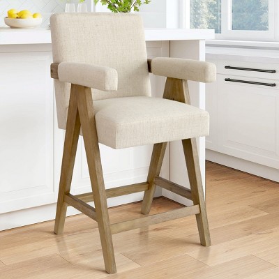 Morgan Solid Wood Counter Height Stools,25.5" Linen Bar Stools Seat and Back With Upside Down "V" shape Solid Wood Legs-Maison Boucle