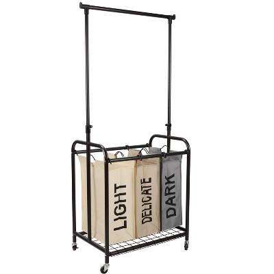 Black Metal 3-Bag Rolling Laundry Sorter with Adjustable Hanging Bar