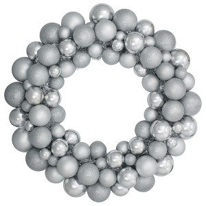 Northlight 3-Finish Shatterproof Ball Christmas Wreath -  24" - Silver - Unlit - 1 of 3