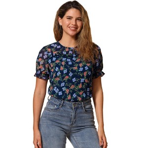 INSPIRE CHIC Women's Chiffon Short Sleeve Ruffled Trim Floral Blouse - 1 of 4