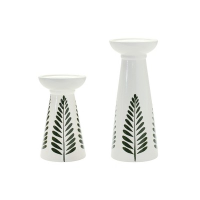 HomeRoots Set of Two Green And White Distressed Botanical Leaf Ceramic Tabletop Pillar Candle Holders
