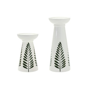 HomeRoots Set of Two Green And White Distressed Botanical Leaf Ceramic Tabletop Pillar Candle Holders - 1 of 4