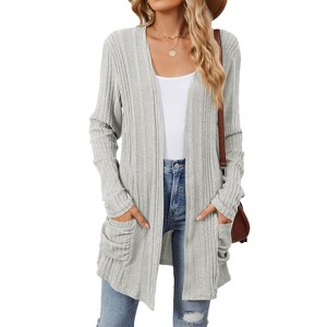 Women's Ribbed Long Sleeve Knit Cardigan with Pockets - 1 of 4