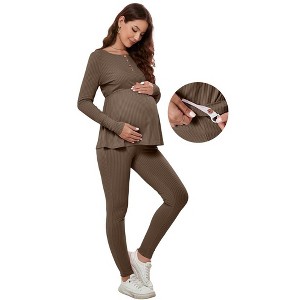 Maternity Adjustable Waist Bodycon Pajamas Sets with Front Button Peplum Top Ribbed Stretchy Lounge Sets for Pregnancy - 1 of 4