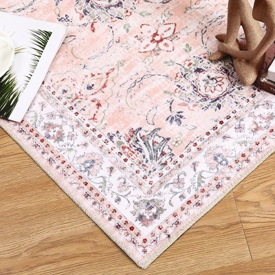Pink Floral 5' x 7' Washable Synthetic Area Rug