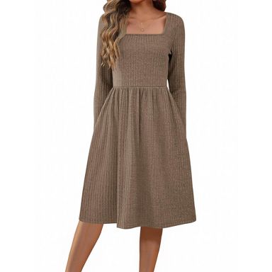 brown fall dresses for women Zeagoo Women's Square Neck Long Sleeve Knee Length Dress | | Misses Small sizechart_dresses How To Wear A Size:UK 16/US 12/EU 44 pink and more