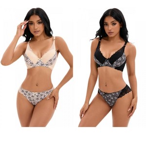 INSPIRE CHIC 2 Pcs Women's Floral Mesh Push-Up Underwire Lace Bra and Underwear Sets - 1 of 4