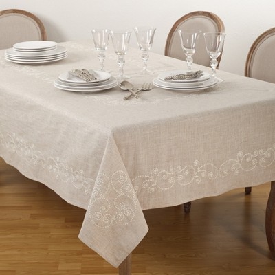 Natural Linen Blend Embroidered Swirl Tablecloth, 67" x 140"