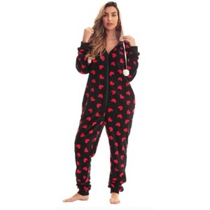 Just Love Womens One Piece Winter Holiday Adult Bodysuit Faux Shearling Lined Hoody Xmas Pajamas - 1 of 4