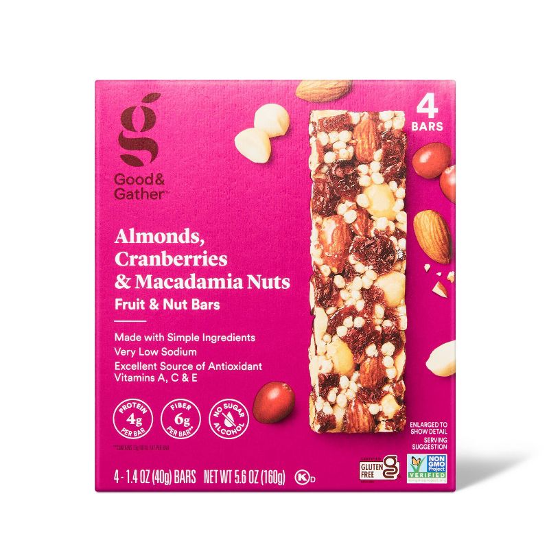 Almonds , Cranberries and Macadamia Fruit and Nut Bars - 5.6oz/4ct - Good &#38; Gather&#8482;, 1 of 6