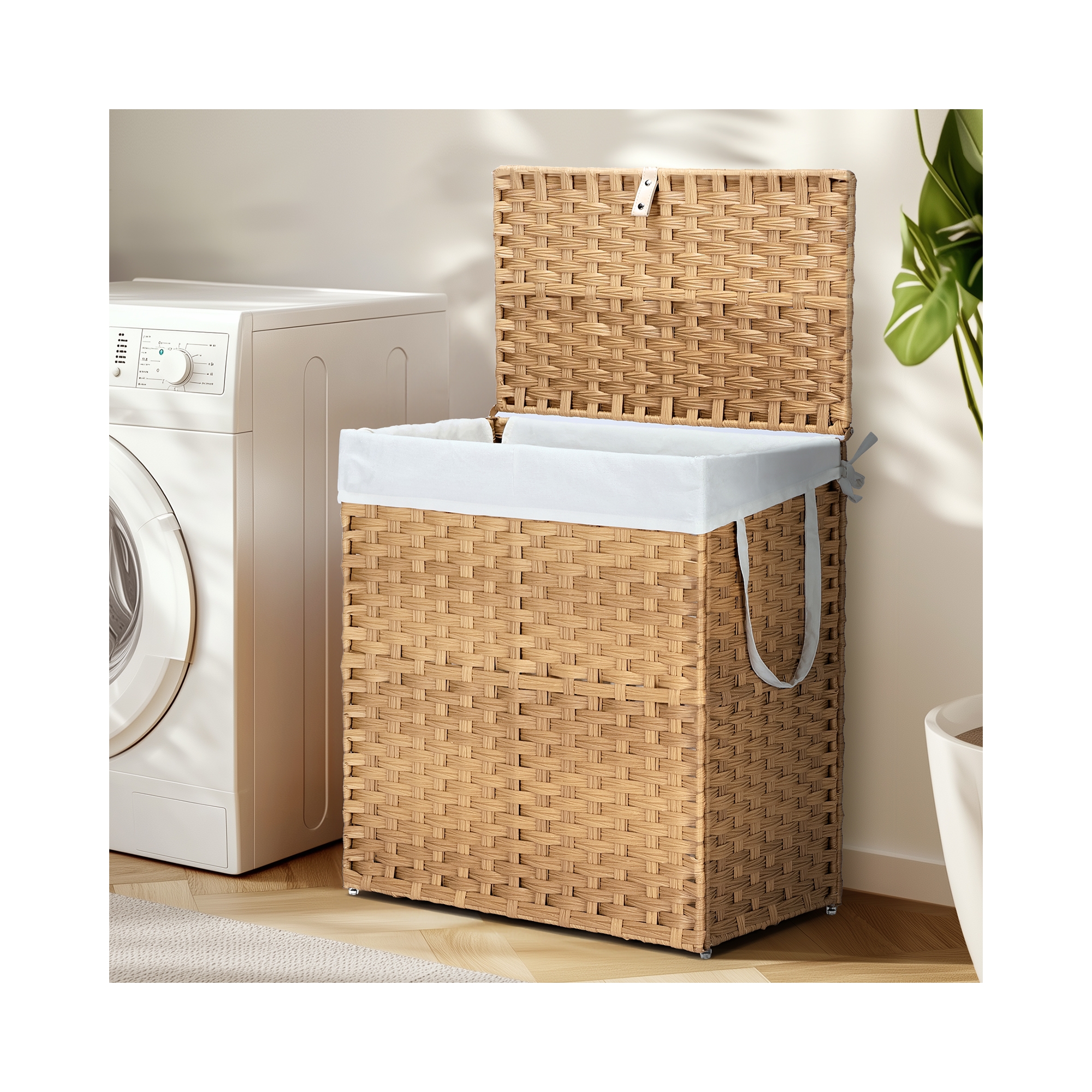 Bestier Laundry Basket with Lid, 110 L Hand-Woven Rattan Laundry Hamper with Compartments & Handles, Foldable, Removable Liner