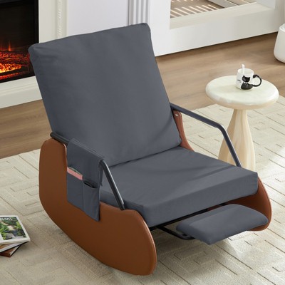 Mjkone Upholstered Corduroy Rocking Chair with Wooden Legs Wrapped in Leather&Adjustable Footrest