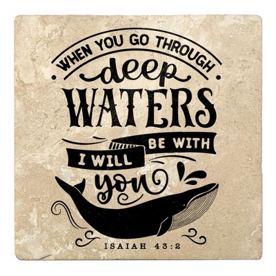 Christmas by Krebs Set of 4 Beige and Black "WHEN YOU GO THROUGH deep WATERS I WILL BE WITH you" Square Coasters 4"