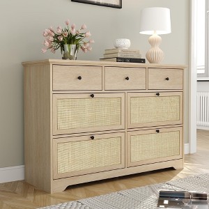 Rattan Dresser for Bedroom, 7 Drawer Dresser for Closet, Double Wood Dressers & Chest of Drawers with Storage for Living Room/Entryway, Natural - 1 of 4