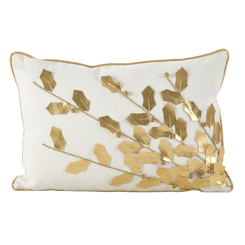 Metallic Poinsettia Branch Design Holiday Cotton Throw Pillow Gold - Saro Lifestyle - image 1 of 3