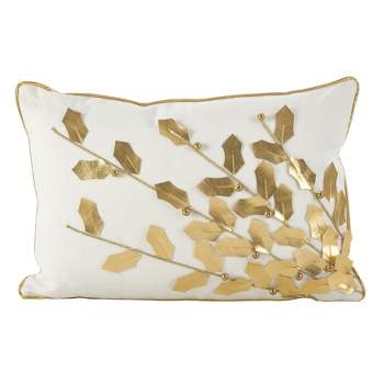 Metallic Poinsettia Branch Design Holiday Cotton Throw Pillow Gold - Saro Lifestyle