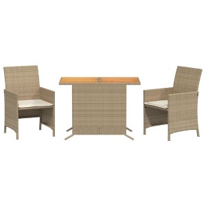 vidaXL 3-Piece Bistro Set - Beige Poly Rattan with Cushions, Acacia Wood Tabletop, Compact Outdoor Furniture for Patio/Garden - 1 of 4