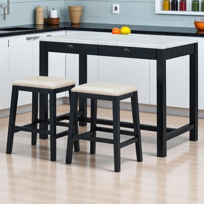 3-Piece Modern Dining Set with Faux Marble Table & 2 Stools, Space-Saving with Storage Drawers, Upholstered for Small Spaces or Dining Room