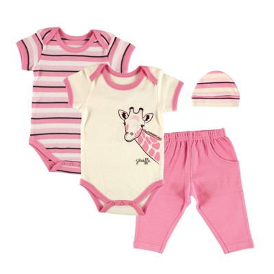 Touched by Nature Baby Girl Organic Cotton Bodysuit and Pant Set, Giraffe 4-Piece, 0-6 Months