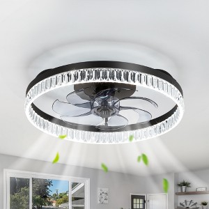 Airsurfer 20" Color-Changing LED Flush Mount Ceiling Fan in Matte Black with Blue-Gray Blades and Remote, Enclosed Cage Design - 1 of 4