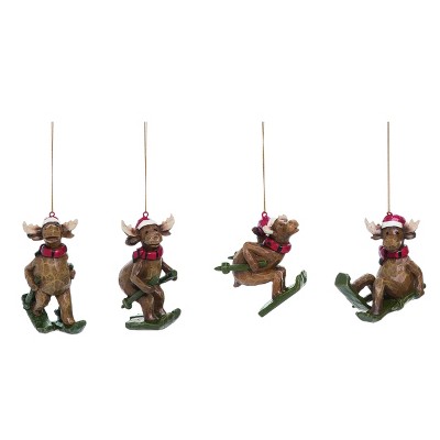 Transpac Resin 4 in. Bronze Christmas Skiing Moose Ornament Set of 4