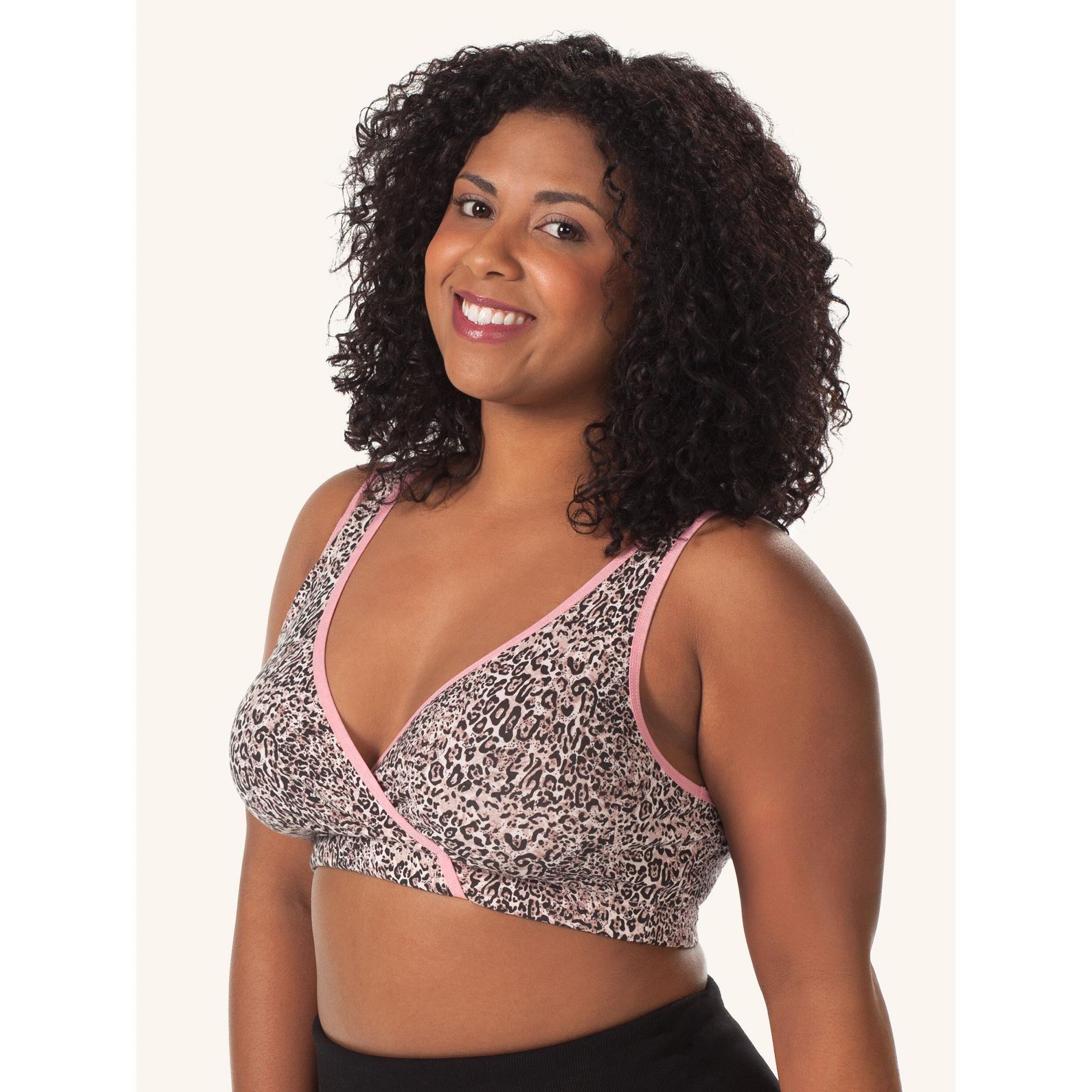 Loving Moments by Leading Lady Women's Crossover Unpadded Pull-Aside Cup Maternity to Nursing Sleep Bra (L3012) Leopard with Pink Trim