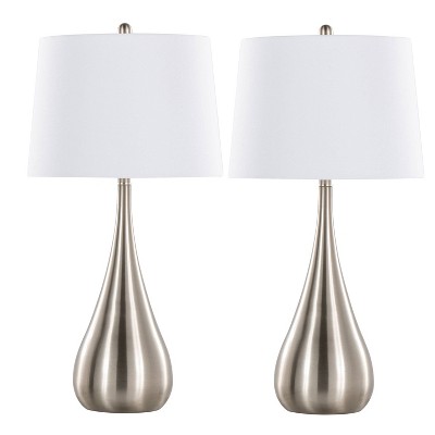Set of 2 Brushed Nickel Teardrop Table Lamps with White Linen Shades