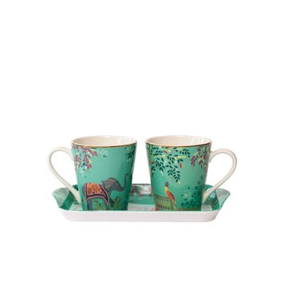Sara Miller London India Mug & Tray Set, Elephant Oasis - 3 Piece Brunch Set - 2 Porcelain Mugs with 22ct Gold Detailing & Coordinating Melamine Tray