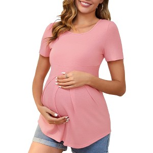 INSPIRE CHIC Women's Maternity Top Short Sleeve Crewneck Wrinkle Design Blouse Waist Tiered Pregnancy T-Shirt - 1 of 4