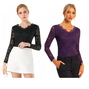 INSPIRE CHIC Women's Floral Embroidery Sheer Long Sleeves Lace Blouse 2 Packs - 1 of 4