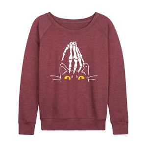 Women's - Instant Message - Skeleton Hand Petting Black Cat Lightweight French Terry Wide Neck Long Sleeve Shirt - 1 of 4