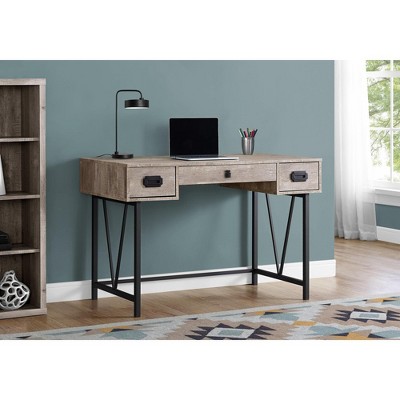 Vynxaria Computer Desk, Home Office, Laptop, Storage Drawers, 48"l, Work, Beige Laminate, Black Metal, Transitional