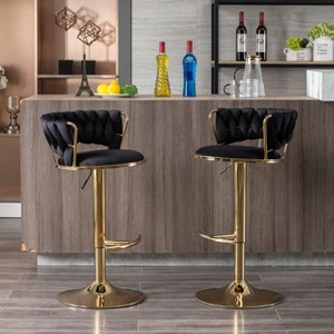 Set of 2 Bar Stools,with Chrome Footrest and Base Swivel Height Adjustable Mechanical Lifting Velvet + Golden Leg Simple Bar Stool - 1 of 4