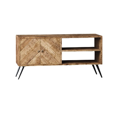 Mindful Living Rustic Farmhouse Mid Century Fusion 2 Shelf Mango Wood Top & Iron Hairpin Legs Chevron Pattern TV Console Cabinet Entertainment Center