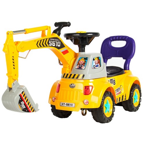 HOMCOM Ride On Excavator Pull Cart, Kids Digger Ride on Truck with Horn,  Storage, Sit and Scoot Pretend Play Toy Construction Car, Ages 18M+