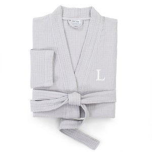 Linum Home Textiles 100% Turkish Cotton Unisex Smyrna Personalized Hotel/Spa Luxury Gray Bathrobe in White Bookman Font , - 1 of 2