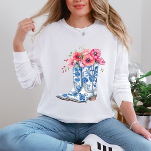 Simply Sage Market Cowboy Boots Floral Garment Dyed Long Sleeve - 1 of 4