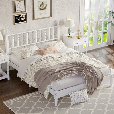 Queen Size Wood Platform Bed, Bed with Gourd-Shaped Retro Headboard and Natural Wood Finish Frame, Wooden Slat Support-Baofuwish