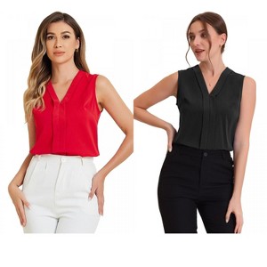 INSPIRE CHIC Women's Pleated V Neck Solid Work Sleeveless Blouse 2 Packs - 1 of 4