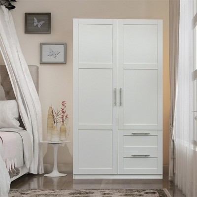 High Wardrobe And Kitchen Cabinet With 2 Doors, 2 Drawers And 5 Storage Spaces for Bedroom, Living Room, White