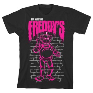 Five Nights at Freddy's Neon Pink Freddy Against the Wall Boy's Black T-shirt - 1 of 3