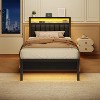 Furnulem Twin size bed frame with charging station and LED light gray upholstered headboard two-tier storage shelves No Box Spring Needed Black - 4 of 4