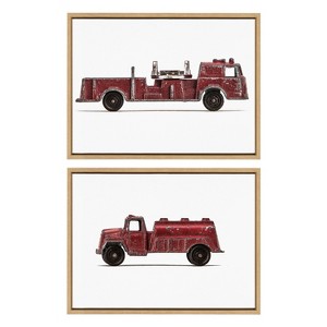 Kate and Laurel Sylvie Red Vintage Toy Fire Engine and Red Vintage Toy Water Truck Framed Canvas Art Set by Saint and Sailor Studios - 1 of 4
