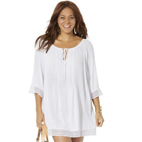 Swimsuits for All Women's Plus Size Giana Crochet Cover Up Tunic, 18/20 -  White